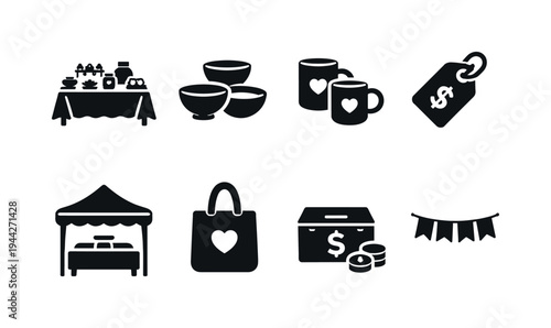 Craft Fair Booth. Filled icon set of Craft Fair Booth: display table, handmade bowls, ceramic mugs, price tag,