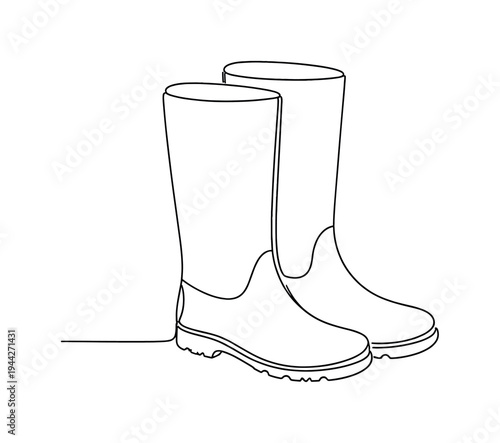 "Rubber Boots Outline". Minimalistic one-line drawing sturdy waterproof boots with smooth rounded toes and
