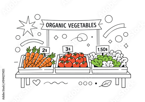 Organic vegetables display. A stylized stall table covered with clean geometric carrots, tomatoes, and leafy
