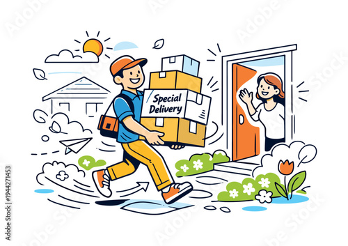 Package Delivery Spring. A cheerful courier walking up a garden path with a stack of parcels, blossoms