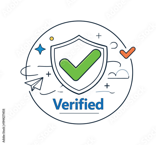 Security verified concept. A clean circular badge with a centered checkmark, small shield outline behind it