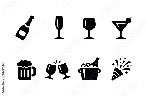 Celebration Drinks. Filled icon set of Celebration Drinks: champagne bottle, champagne flute, wine glass,