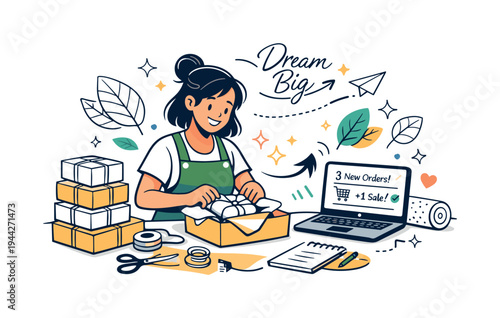 Creative Business Owner Workspace. A handmade goods seller packing an order at a tidy desk, boxes stacked