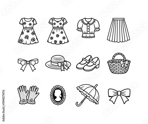 floral vintage wardrobe. Line outline icon set of floral vintage wardrobe: rose print dress, daisy pattern