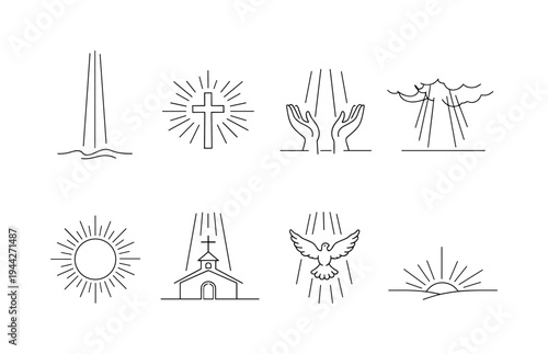 "Divine Light Set". Minimalistic set one-line drawing vertical light beam from sky, cross silhouette in
