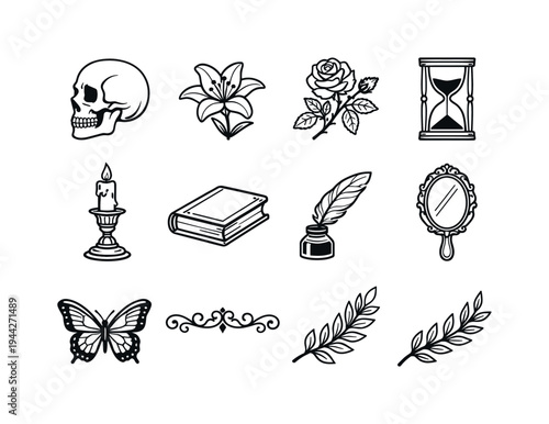 Vanitas floral still life engraving. Line outline icon set of Vanitas floral still life engraving: skull