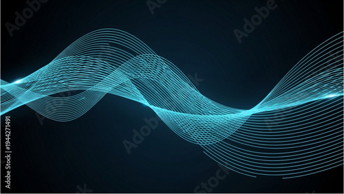 Vibrant blue wave forms undulate across a dark background