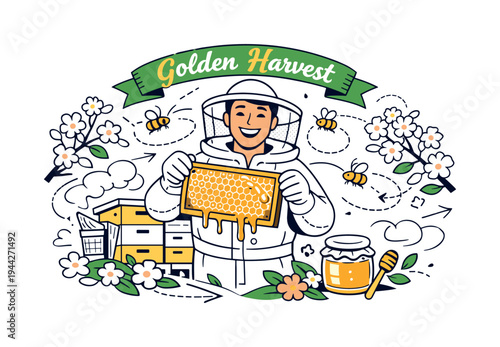 Spring Honey Harvest. A smiling beekeeper holding a dripping honey frame while bees fly in gentle circular