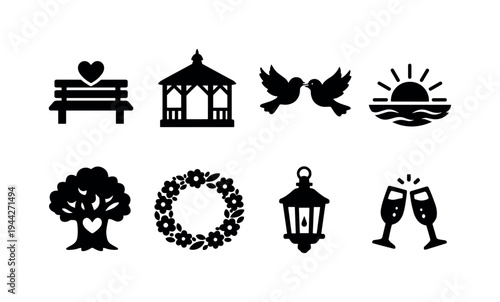 Outdoor Romance Icons. Filled icon set of Outdoor Romance Icons: park bench with heart, gazebo silhouette,
