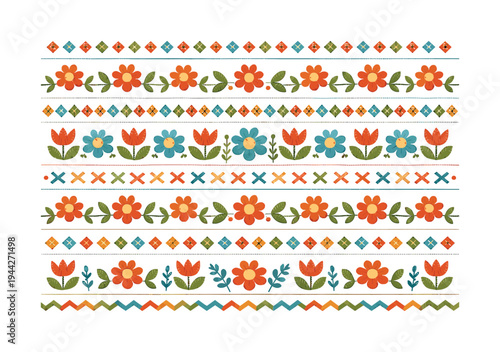 Folk Stitched Pattern. folk inspired stitched ornament composition seamless pattern, repeating pattern,