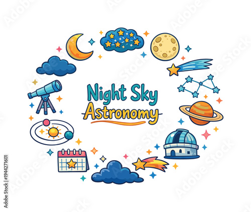 Night Sky Astronomy. Hand drawn illustration of Night Sky Astronomy. crescent moon, full moon, telescope, star