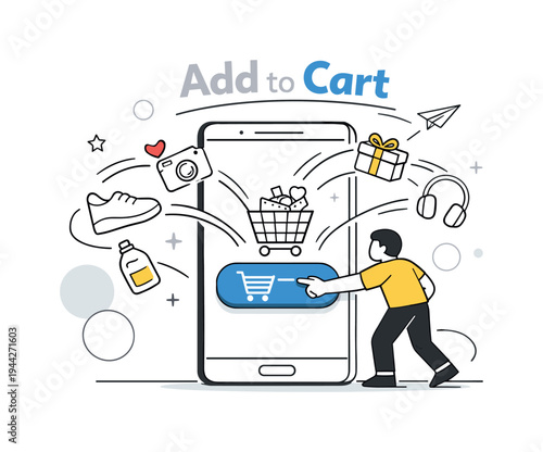 Adding to cart scene. A minimal character tapping a large shopping cart button on a smartphone screen, small