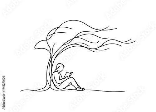"Peaceful Tree Moment". Minimalistic one-line drawing small tree with flowing branches and person sitting