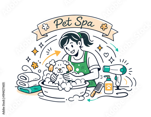 Spring Pet Spa Day. A groomer washing a small dog in a bubbly bath, towel wrapped nearby and a hairdryer ready