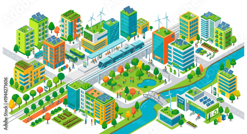 A vibrant futuristic cityscape featuring sustainable and eco friendly designs