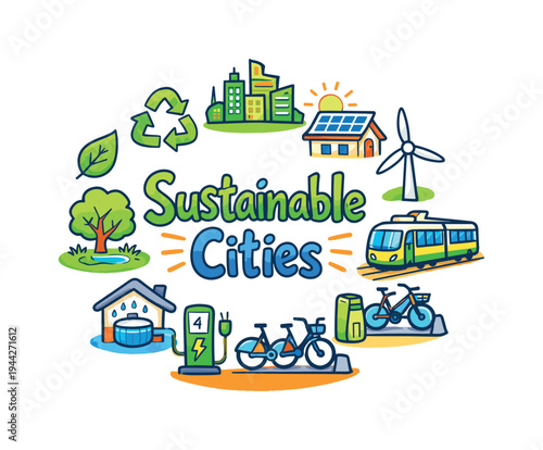 Sustainable Cities. Hand drawn illustration of Sustainable Cities. eco skyline, solar roof, wind turbine,