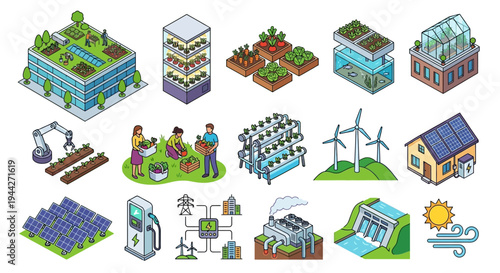 Isometric illustration showcasing various sustainable and eco friendly technologies