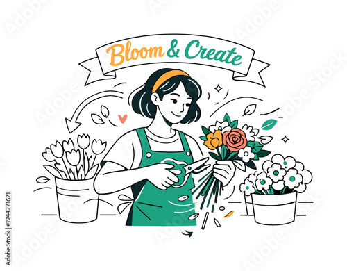 Floral Design Process. Flower Shop Creative Process. A florist trimming stems with scissors while holding a