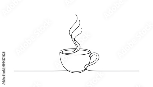 "Morning Coffee Scene". Minimalistic one-line drawing elegant cup with rising steam placed on flat surface