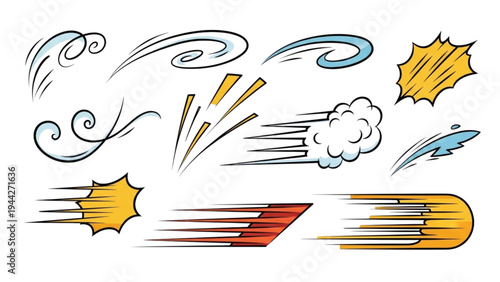 A dynamic illustration of various graphic elements depicting motion and energy