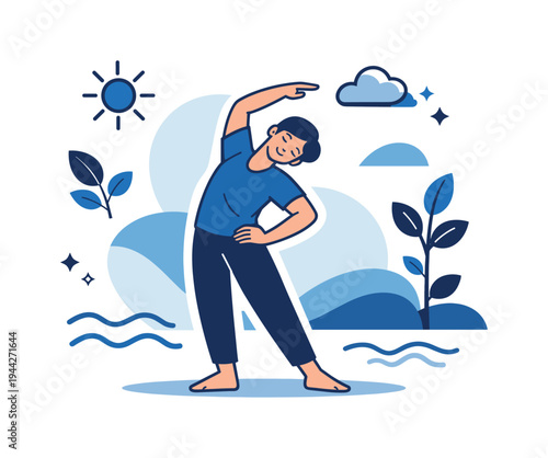 Morning Stretch Vibes. Morning flexibility. Individual bending sideways in a slow stretch, plants and sun