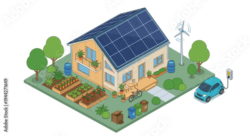 Sustainable home with solar panels wind turbine garden and electric vehicle