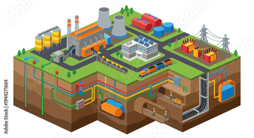Isometric illustration depicting a complex industrial facility and underground infrastructure