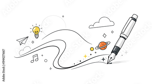 Pen writing concept. A sleek geometric pen drawing a smooth curved line across a blank surface, tiny