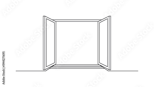 "Morning Light Window". Minimalistic one-line drawing simple rectangular window opened wide with minimal sill