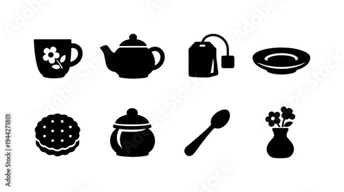 Cozy Tea Time. Filled icon set of Cozy Tea Time: floral mug, teapot, tea bag, saucer, biscuit, sugar jar,