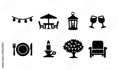 Outdoor Dinner String Lights. Filled icon set of Outdoor Dinner String Lights: string lights garland, outdoor