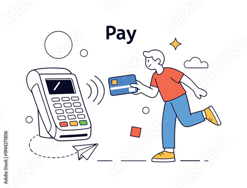 Contactless payment scene. A minimal character holding a credit card near a simple payment terminal, curved