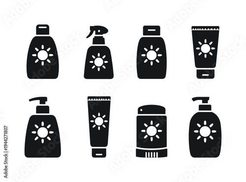 Sunblock Bottle. Filled icon set of Sunblock Bottle: sunscreen bottle, spray sunscreen, flip cap bottle,