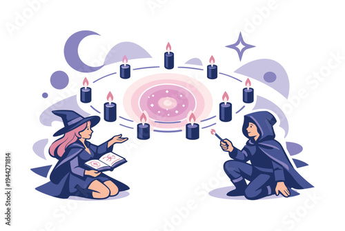 Mystic ritual. Candles floating in a circle, glowing center point pulsing softly, calm and focused magical