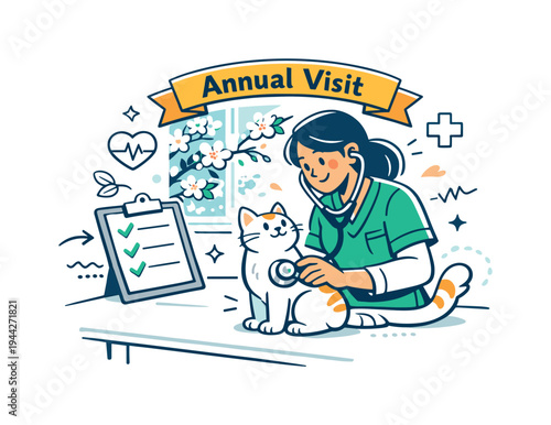 Spring Vet Visit. Spring Pet Checkup. A vet examining a cat on a clean white table, stethoscope gently placed