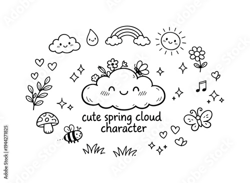 cute spring cloud character. Hand-drawn doodle illustration of cute spring cloud character. In the middle, one