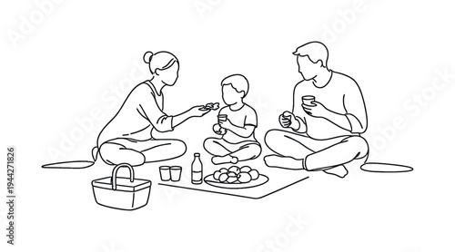 "Outdoor Family Gathering". Minimalistic one-line drawing parents and child seated on blanket sharing meal