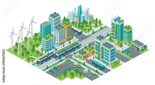Isometric illustration of a sustainable city with wind turbines and transport