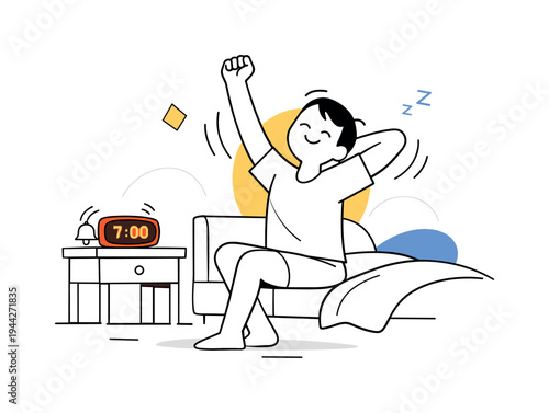 Waking up moment. A minimal character stretching beside a simple bedside table with an alarm clock glowing