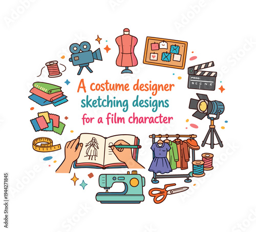 A costume designer sketching designs for a film character. Hand drawn illustration of A costume designer