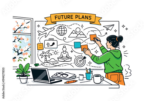 Vision Board Workspace. Goal Visualization Spring. A creative workspace scene with a vision board covered in