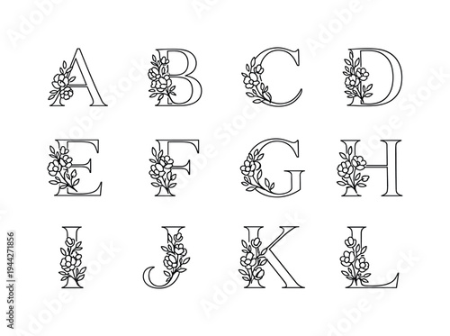 wedding floral typography. Line outline icon set of wedding floral typography: letter A monogram, letter B