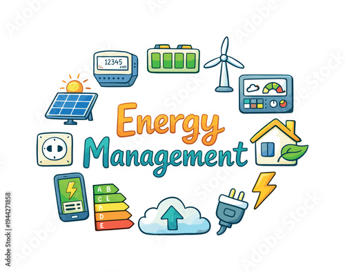Energy Management. Hand drawn illustration of Energy Management. smart meter, battery unit, solar panel, wind