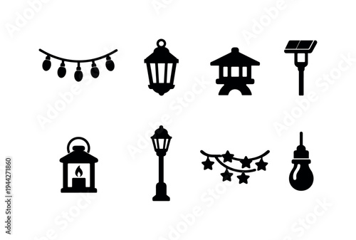 Garden Lighting. Filled icon set of Garden Lighting: string lights garland, hanging lantern, ground lantern,