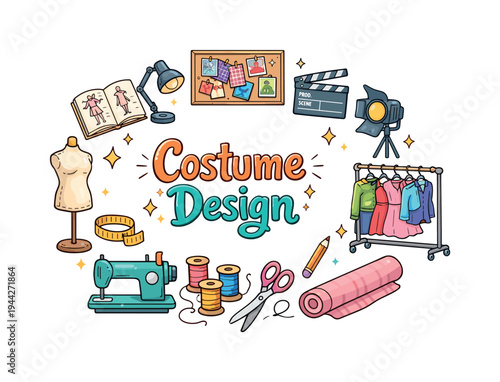 Costume Design. Hand drawn illustration of Costume Design. sketchbook, mannequin, sewing machine, fabric roll,
