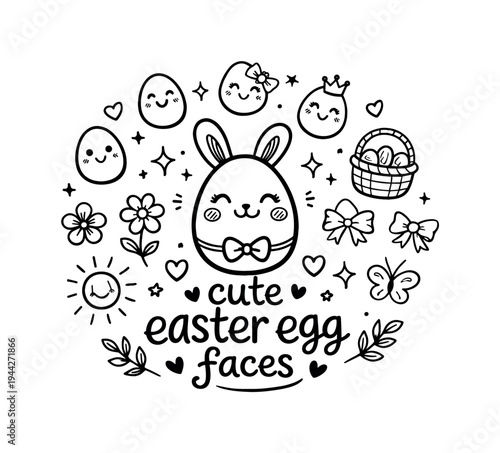 cute easter egg faces. Hand-drawn doodle illustration of cute easter egg faces. In the middle, one slightly