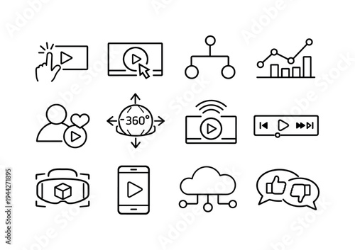 Interactive Video Icons. Interactive Video Technology. Line outline icon set of Interactive Video Technology: