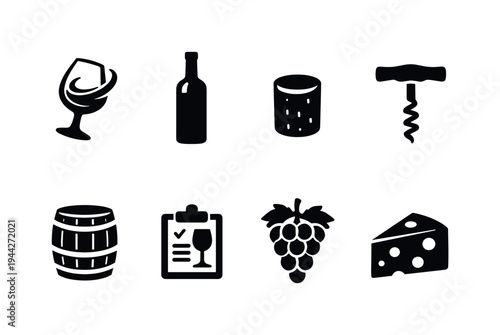 Wine Tasting. Filled icon set of Wine Tasting: wine glass swirl, wine bottle, cork, corkscrew, wine barrel,
