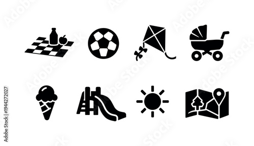 Family Park Icons. Family Park Day. Filled icon set of Family Park Day: picnic blanket, soccer ball, kite,