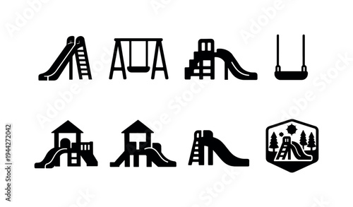 Kids park slide contour icons. Filled icon set of Kids park slide contour icons: tall straight slide outline,